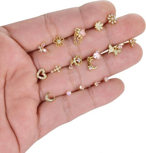 Akeoqi 16Pcs Nose Rings L Shaped Nose Studs Stainless Steel Pink CZ Opal Butterfly Flower Leaf Heart Moon Star Dangle Body Piercing Jewelry for Women Men 20G Gold Silver Tone in Kuwait