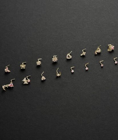 Akeoqi 16Pcs Nose Rings L Shaped Nose Studs Stainless Steel Pink CZ Opal Butterfly Flower Leaf Heart Moon Star Dangle Body Piercing Jewelry for Women Men 20G Gold Silver Tone in Kuwait