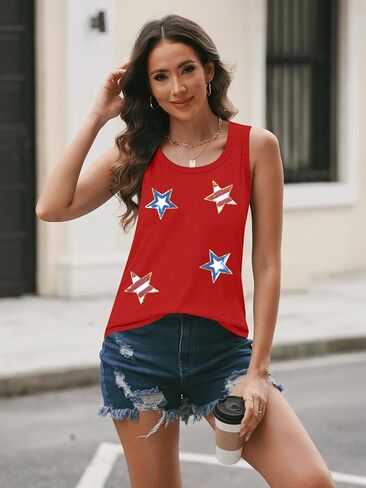 Top Flag Tank American Top Women 4th of July Tops Stars Starkin anquin anks Vestic O-teac tops daptiveless dops in Kuwait