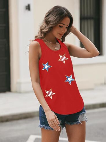 Top Flag Tank American Top Women 4th of July Tops Stars Starkin anquin anks Vestic O-teac tops daptiveless dops in Kuwait