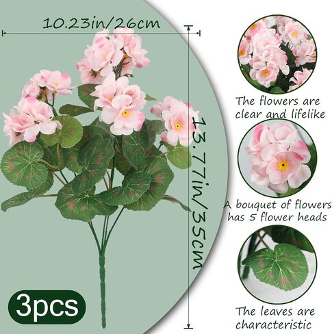 3 Pcs Artificial Geraniums Flowers Silk Geraniums for Outdoors UV Resistant Blue Artificial Geranium Bush Faux Flowers Plant Geraniums for Garden Home Decor Indoor Patio Vase Table Centerpiece in Saudi Arabia