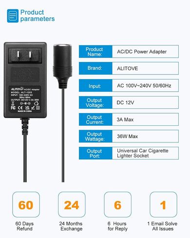 ALITOVE AC to DC Converter 12V 8A 96W, 100V-240V to 12V Power Supply Adapter Car Cigarette Lighter Socket, AC/DC Transformer for Portable Cooler Warmer, Air Compressor,Other Car Devices Under 96W in Kuwait