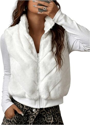 Verdusa Women's Zip Up Fuzzy Fleece Vest High Neck Textured Sleeveless Jacket Outerwear in Saudi Arabia