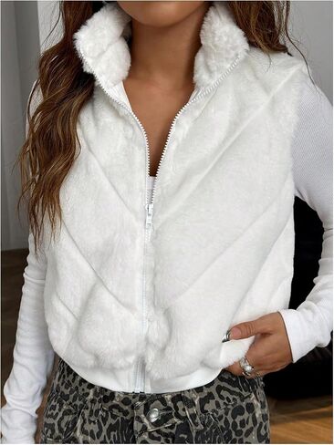 Verdusa Women's Zip Up Fuzzy Fleece Vest High Neck Textured Sleeveless Jacket Outerwear in Saudi Arabia