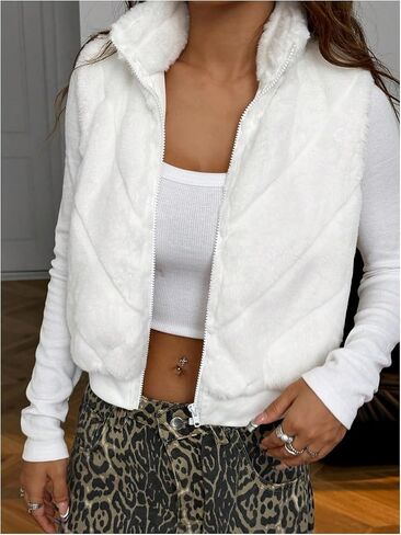 Verdusa Women's Zip Up Fuzzy Fleece Vest High Neck Textured Sleeveless Jacket Outerwear in Saudi Arabia
