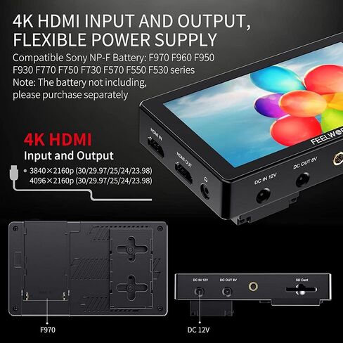 FEELWORLD 1600Nit 4k Ultra Bright Camera Video Monitor 5.5 Inch HDMI Touch Screen DSLR Field Monitor 1920x1200 IPS F970 External Power and Install Kit in Saudi Arabia