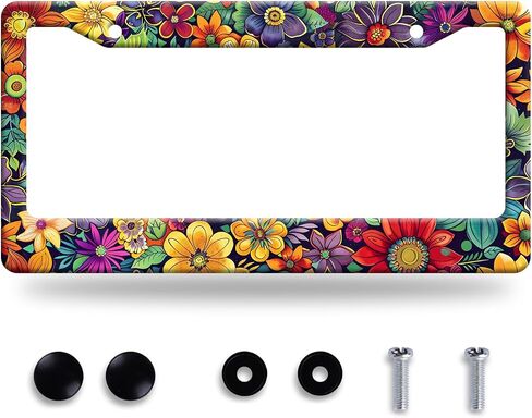 Bright Flowers Colorful Floral License Plate Frame Flower License Plate Stainless Steel Funny License Plate Holder for Women Cute Car Accessory Decoration 12.3" x 6.3" in Saudi Arabia