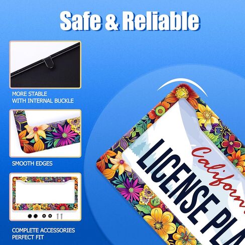 Bright Flowers Colorful Floral License Plate Frame Flower License Plate Stainless Steel Funny License Plate Holder for Women Cute Car Accessory Decoration 12.3" x 6.3" in Saudi Arabia
