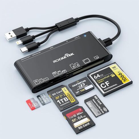 7-in-3 Lightning & USB-C & USB3.0 Multi Card Reader, SD CF XD MS Micro SD TF Card Reader for iPhone/iPad, Memory Card Reader High-Speed Trail Camera Viewer, Plug and Play, Simultaneously Read/Write in Saudi Arabia