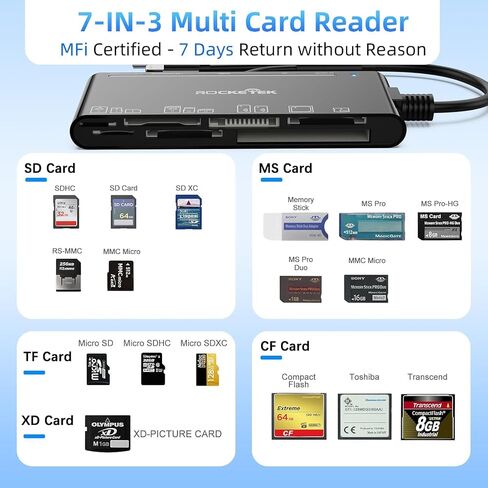 7-in-3 Lightning & USB-C & USB3.0 Multi Card Reader, SD CF XD MS Micro SD TF Card Reader for iPhone/iPad, Memory Card Reader High-Speed Trail Camera Viewer, Plug and Play, Simultaneously Read/Write in Saudi Arabia