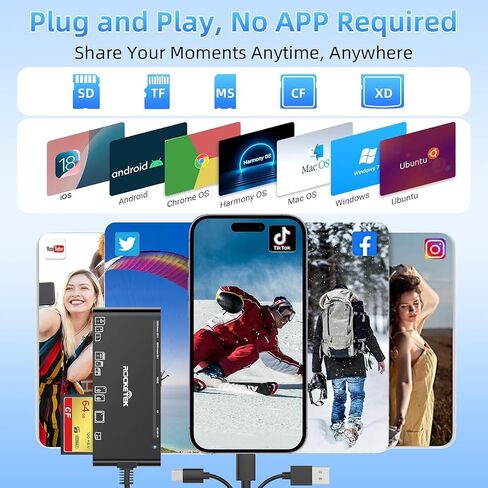 7-in-3 Lightning & USB-C & USB3.0 Multi Card Reader, SD CF XD MS Micro SD TF Card Reader for iPhone/iPad, Memory Card Reader High-Speed Trail Camera Viewer, Plug and Play, Simultaneously Read/Write in Saudi Arabia