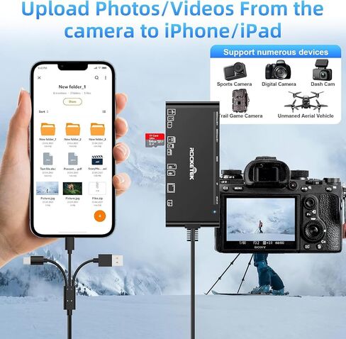 7-in-3 Lightning & USB-C & USB3.0 Multi Card Reader, SD CF XD MS Micro SD TF Card Reader for iPhone/iPad, Memory Card Reader High-Speed Trail Camera Viewer, Plug and Play, Simultaneously Read/Write in Saudi Arabia