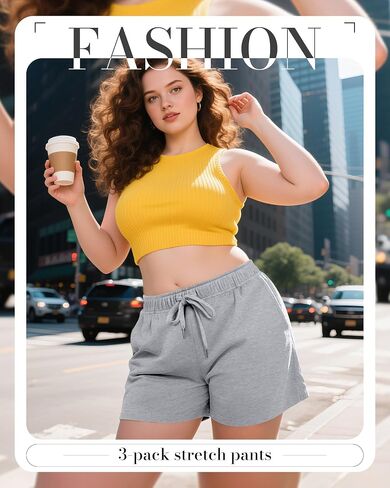 3 Pack Plus Size Women's Drawstring Sweat Shorts Athletic Workout Comfy Lounge Shorts with Pockets in Saudi Arabia