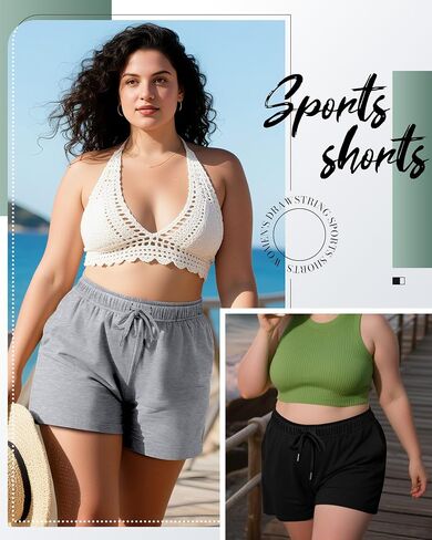 3 Pack Plus Size Women's Drawstring Sweat Shorts Athletic Workout Comfy Lounge Shorts with Pockets in Saudi Arabia