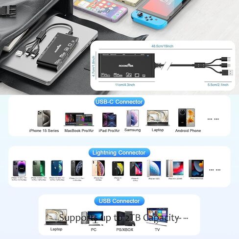 7-in-3 Lightning & USB-C & USB3.0 Multi Card Reader, SD CF XD MS Micro SD TF Card Reader for iPhone/iPad, Memory Card Reader High-Speed Trail Camera Viewer, Plug and Play, Simultaneously Read/Write in Saudi Arabia