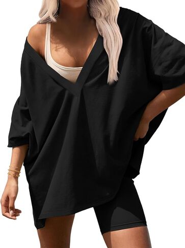 Ekouaer Womens 2 قطعة صالة مجموعة 2025 ملابس الصيف كبيرة الحجم v العنق Tshirts راكب الدراجة النارية قصيرة المطار المريحة صالة المطار in Saudi Arabia