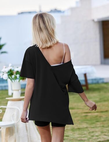 Ekouaer Womens 2 قطعة صالة مجموعة 2025 ملابس الصيف كبيرة الحجم v العنق Tshirts راكب الدراجة النارية قصيرة المطار المريحة صالة المطار in Saudi Arabia