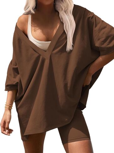 Ekouaer Womens 2 Piece Lounge Set 2025 Summer Outfits Oversized V Neck Tshirts Biker Short Comfy Airport Loungewear in Kuwait