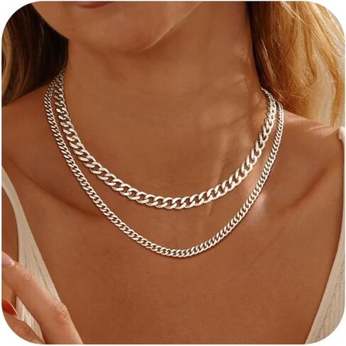 Moodear Gold Layered Necklace for Women Trendy 14K Dainty Chunky Gold/Sliver Chain Necklace Cuban Link Chain Choker Necklace for Women Fashion Jewelry in Saudi Arabia