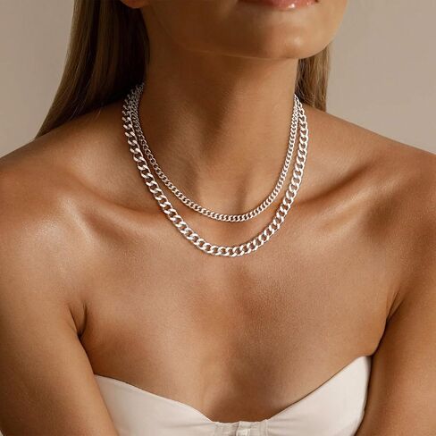 Moodear Gold Layered Necklace for Women Trendy 14K Dainty Chunky Gold/Sliver Chain Necklace Cuban Link Chain Choker Necklace for Women Fashion Jewelry in Saudi Arabia