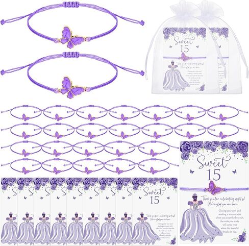 50 مجموعة من هدايا حفلات Quinceanera من Wenqik للضيوف، سوار أمنيات الفراشة مع بطاقات شكر وأكياس هدايا من الأورجانزا، هدية Quinceanera لإمدادات أعياد الميلاد الحلوة لمدة 15 عامًا، Recuerdos De Quinceañera in Saudi Arabia