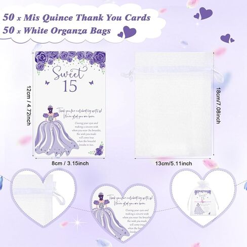 50 مجموعة من هدايا حفلات Quinceanera من Wenqik للضيوف، سوار أمنيات الفراشة مع بطاقات شكر وأكياس هدايا من الأورجانزا، هدية Quinceanera لإمدادات أعياد الميلاد الحلوة لمدة 15 عامًا، Recuerdos De Quinceañera in Saudi Arabia