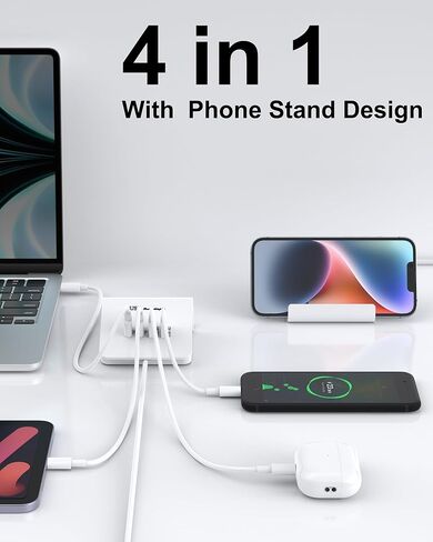 محطة شحن WUKUR USB بقدرة 45 وات و4 منافذ USB وUSB C لأجهزة متعددة وأجهزة الكمبيوتر المحمول وأجهزة الكمبيوتر اللوحية وأجهزة Macbook وiPhone 14/14 Pro/ 14 Pro max وما إلى ذلك in Kuwait