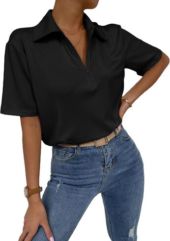 Verdusa Women's Zip Up Front Short Sleeve Polo Shirt Ribbed Tee Top in Saudi Arabia