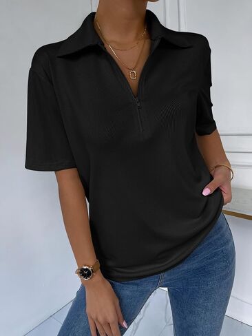 Verdusa Women's Zip Up Front Short Sleeve Polo Shirt Ribbed Tee Top in Saudi Arabia