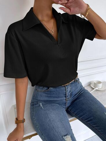 Verdusa Women's Zip Up Front Short Sleeve Polo Shirt Ribbed Tee Top in Saudi Arabia