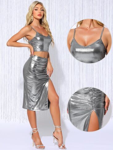 مجموعات تنورة من Allegra K Metallic 2 قطعة للنساء Cami Crop Top Split Midi Skirt Party Club Club in Saudi Arabia