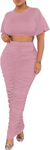 Women's 2 Piece Outfits Flare Sleeve Crop Tops Sexy Bodycon Jumpsuits Maxi Dresses Midi Ruched Skirt Sets in Kuwait