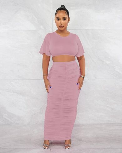 Women's 2 Piece Outfits Flare Sleeve Crop Tops Sexy Bodycon Jumpsuits Maxi Dresses Midi Ruched Skirt Sets in Kuwait