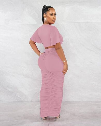 Women's 2 Piece Outfits Flare Sleeve Crop Tops Sexy Bodycon Jumpsuits Maxi Dresses Midi Ruched Skirt Sets in Kuwait