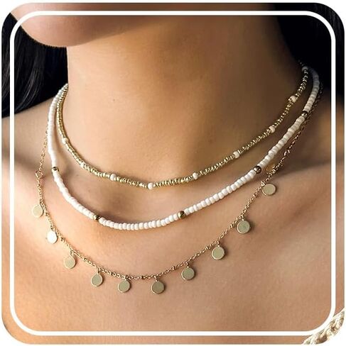 RINHOO FRIENDSHIP Bead Choker Necklace for Woman Bohemian Beaded Layered Summer Necklace Adjustable Beach Jewelry for Woman in Kuwait