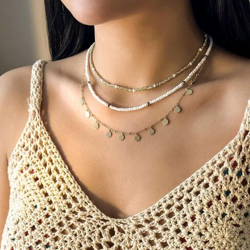 RINHOO FRIENDSHIP Bead Choker Necklace for Woman Bohemian Beaded Layered Summer Necklace Adjustable Beach Jewelry for Woman in Kuwait