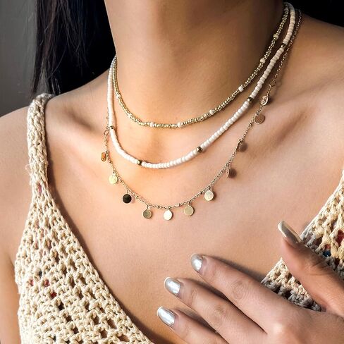 RINHOO FRIENDSHIP Bead Choker Necklace for Woman Bohemian Beaded Layered Summer Necklace Adjustable Beach Jewelry for Woman in Kuwait