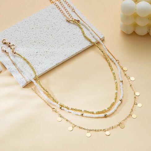 RINHOO FRIENDSHIP Bead Choker Necklace for Woman Bohemian Beaded Layered Summer Necklace Adjustable Beach Jewelry for Woman in Kuwait