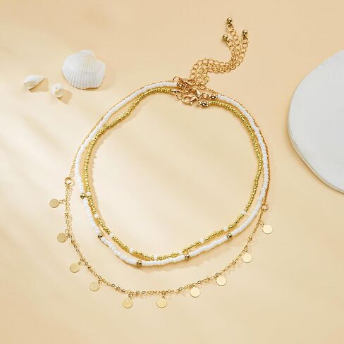 RINHOO FRIENDSHIP Bead Choker Necklace for Woman Bohemian Beaded Layered Summer Necklace Adjustable Beach Jewelry for Woman in Kuwait
