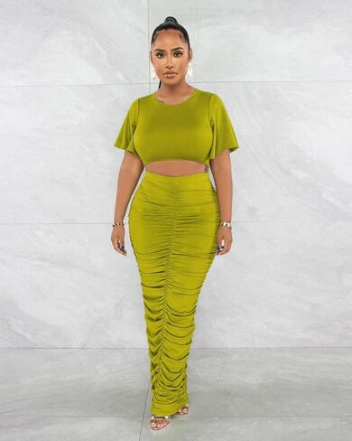 Women's 2 Piece Outfits Flare Sleeve Crop Tops Sexy Bodycon Jumpsuits Maxi Dresses Midi Ruched Skirt Sets in Kuwait