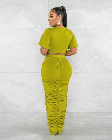 Women's 2 Piece Outfits Flare Sleeve Crop Tops Sexy Bodycon Jumpsuits Maxi Dresses Midi Ruched Skirt Sets in Kuwait