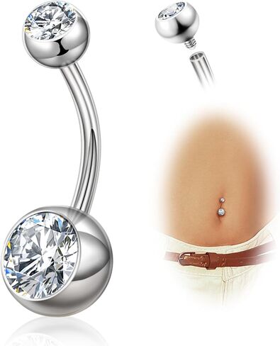 Titanium Belly Button Rings, 14G Belly Button Piercing 14mm 12mm 10mm 8mm Short Long Belly Ring Cubic Zirconia Internally Threaded Navel Piercing Jewelry for Women Men (Silver, 14g-12mm) in Kuwait
