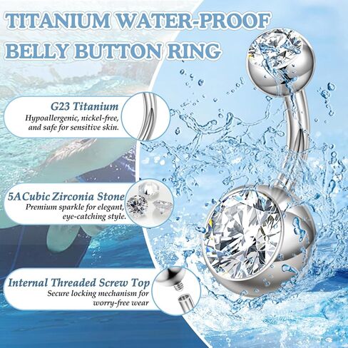Titanium Belly Button Rings, 14G Belly Button Piercing 14mm 12mm 10mm 8mm Short Long Belly Ring Cubic Zirconia Internally Threaded Navel Piercing Jewelry for Women Men (Silver, 14g-12mm) in Kuwait