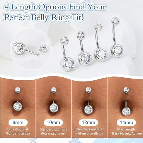Titanium Belly Button Rings, 14G Belly Button Piercing 14mm 12mm 10mm 8mm Short Long Belly Ring Cubic Zirconia Internally Threaded Navel Piercing Jewelry for Women Men (Silver, 14g-12mm) in Kuwait