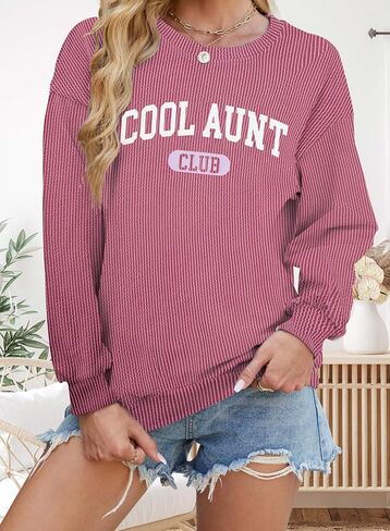 Aunt Shirt Women Auntie Shirts: Cool Aunts Club Long Sleeve Aunt Gifts Lightweight Shirt Ribbed Textured Loose Novetly Top in Saudi Arabia