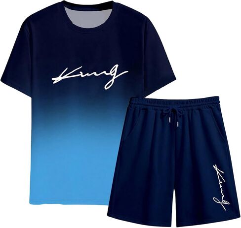 Men's 2 Piece Outfits Letter Print Short Sleeve T Shirts and Drawstring Waist Shorts Tracksuits in Saudi Arabia