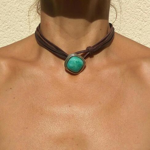 POYAMUSE Turquoise Leather Choker Necklace - Western Cowgirl Jewelry for Women, Boho Layered Leather Necklace - Vintage Suede Choker Necklace for Women in Saudi Arabia