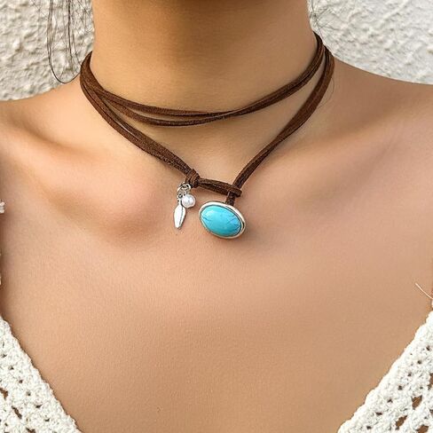 POYAMUSE Turquoise Leather Choker Necklace - Western Cowgirl Jewelry for Women, Boho Layered Leather Necklace - Vintage Suede Choker Necklace for Women in Saudi Arabia