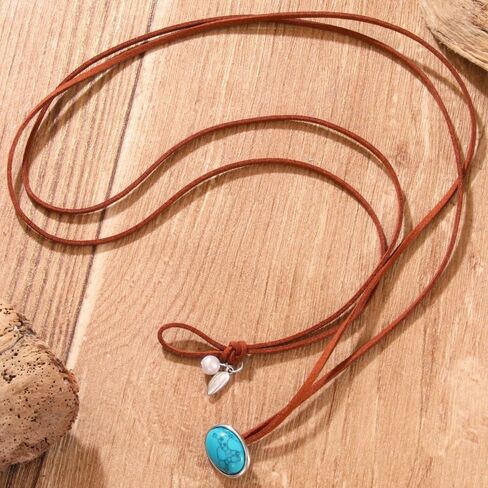 POYAMUSE Turquoise Leather Choker Necklace - Western Cowgirl Jewelry for Women, Boho Layered Leather Necklace - Vintage Suede Choker Necklace for Women in Saudi Arabia