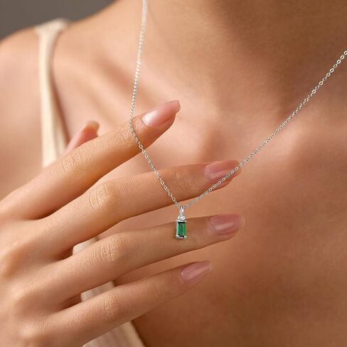 925 Sterling Silver Baguette Emerald Cubic Zirconia Necklaces for Women Dainty 14k Gold Plated Green Birthstone Charm Chain Pendant Necklace Birthday Jewelry Gifts for Mom Wife in Kuwait